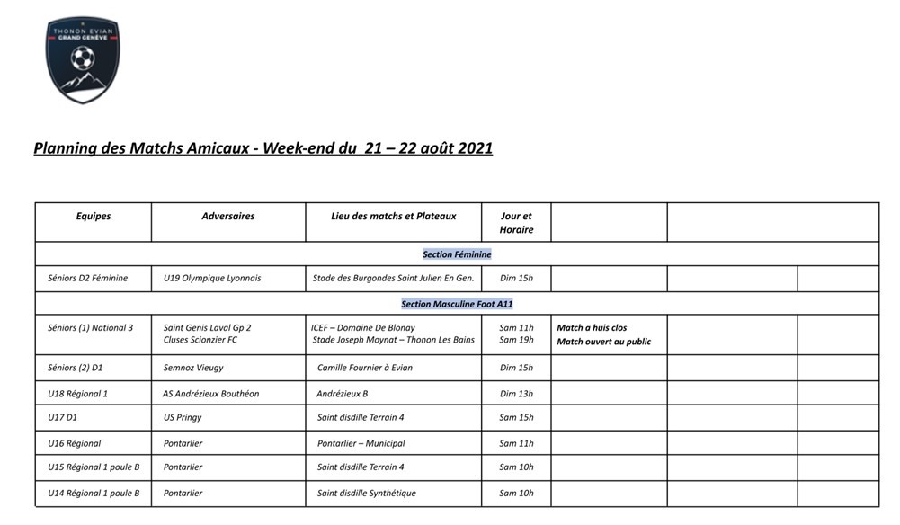 Thonon Evian Grand Genève Football Club - planning week-end 21-22 aout